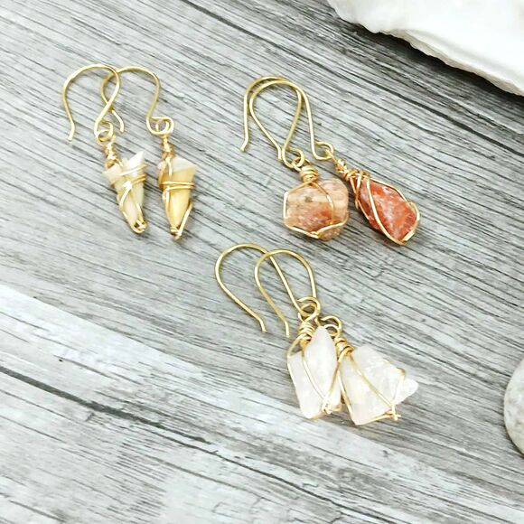 3 Piece Dainty Crystal Gemstone Shark Tooth Dangle Earrings Gold - Picture 1 of 6